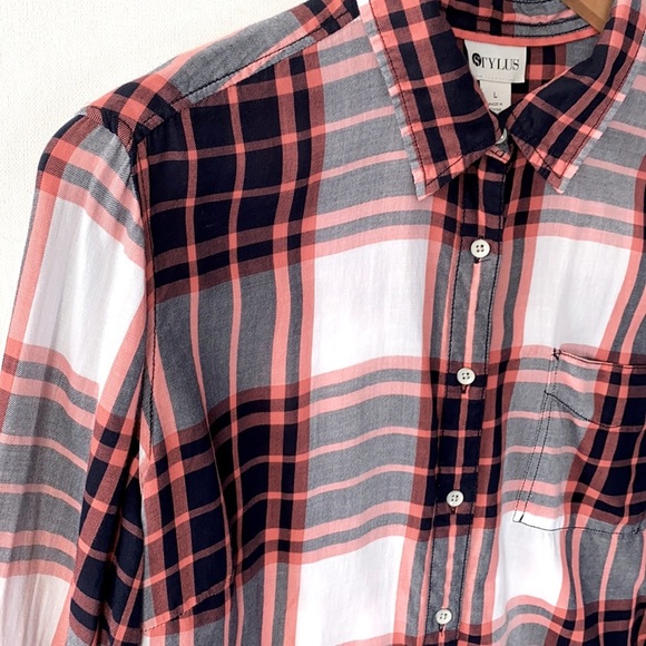 STYLUS Women’s Pink, White & Navy Blue Long Sleeve Button-Down Shirt, Size L - Picture 5 of 7